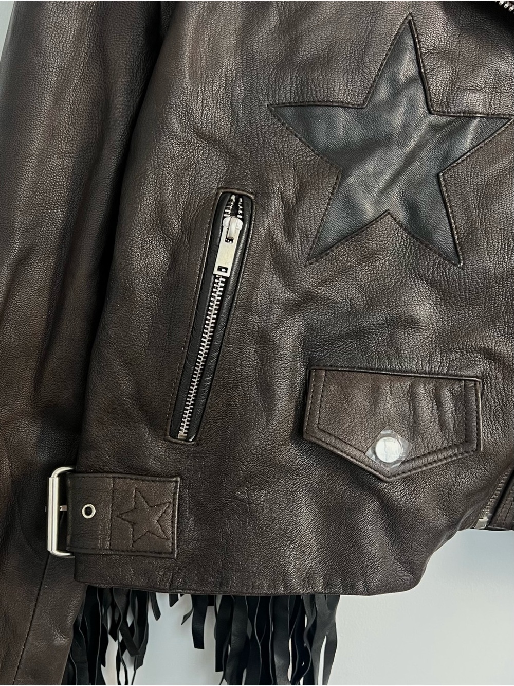 Nasty Gal Brown Leather Fringe Moto Jacket with Black Star - Picture 7 of 13
